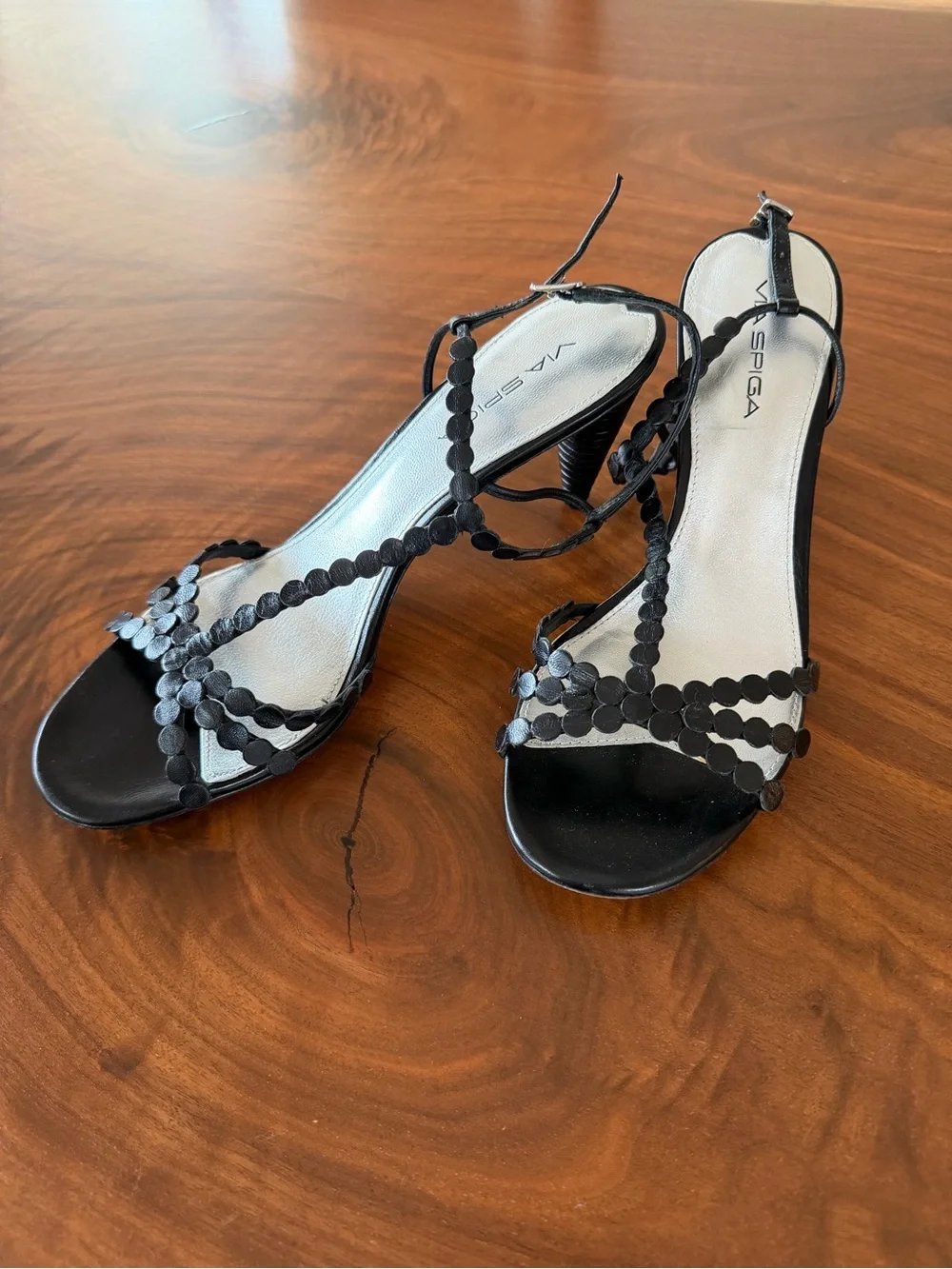 Via Spiga Black Strappy Beaded Slingback Heels